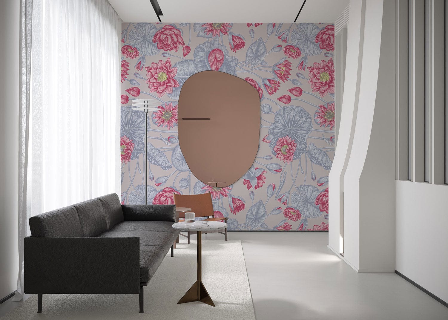 Wallpaper mural featuring a bright pink lotus flower for the living room's decor.