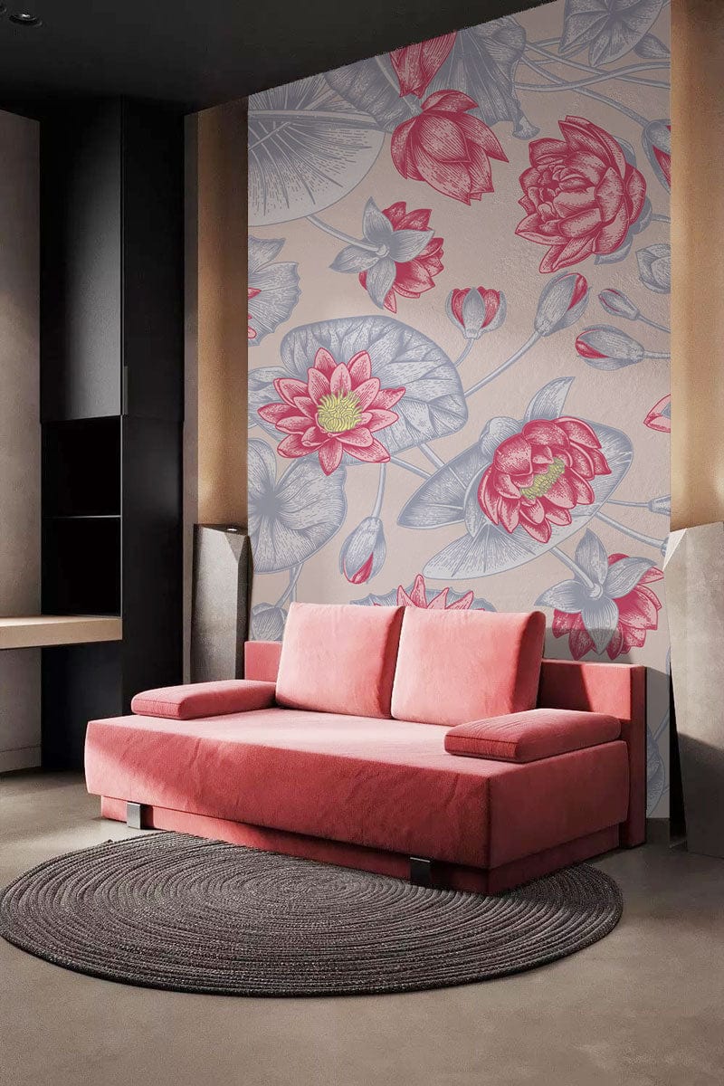 Wallpaper mural featuring a bright pink lotus flower that can be used to decorate the living room.