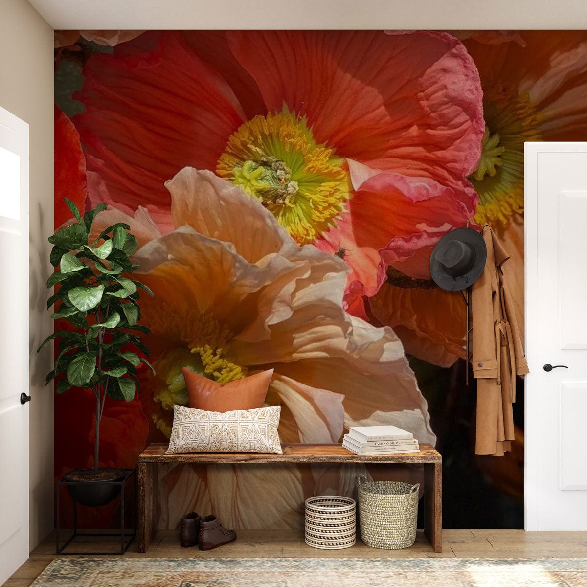 bright poppy wall mural corridor art design