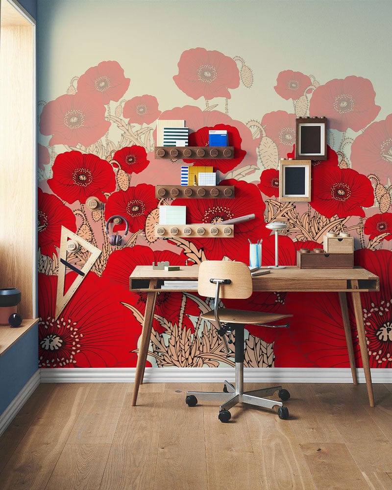 Wallpaper mural featuring vibrant red flowers, perfect for use as home or office decor.