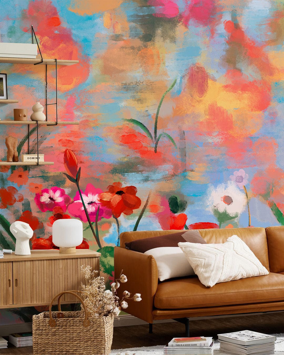 A beautiful mural of painted flowers that may be used as wall art in the living room.