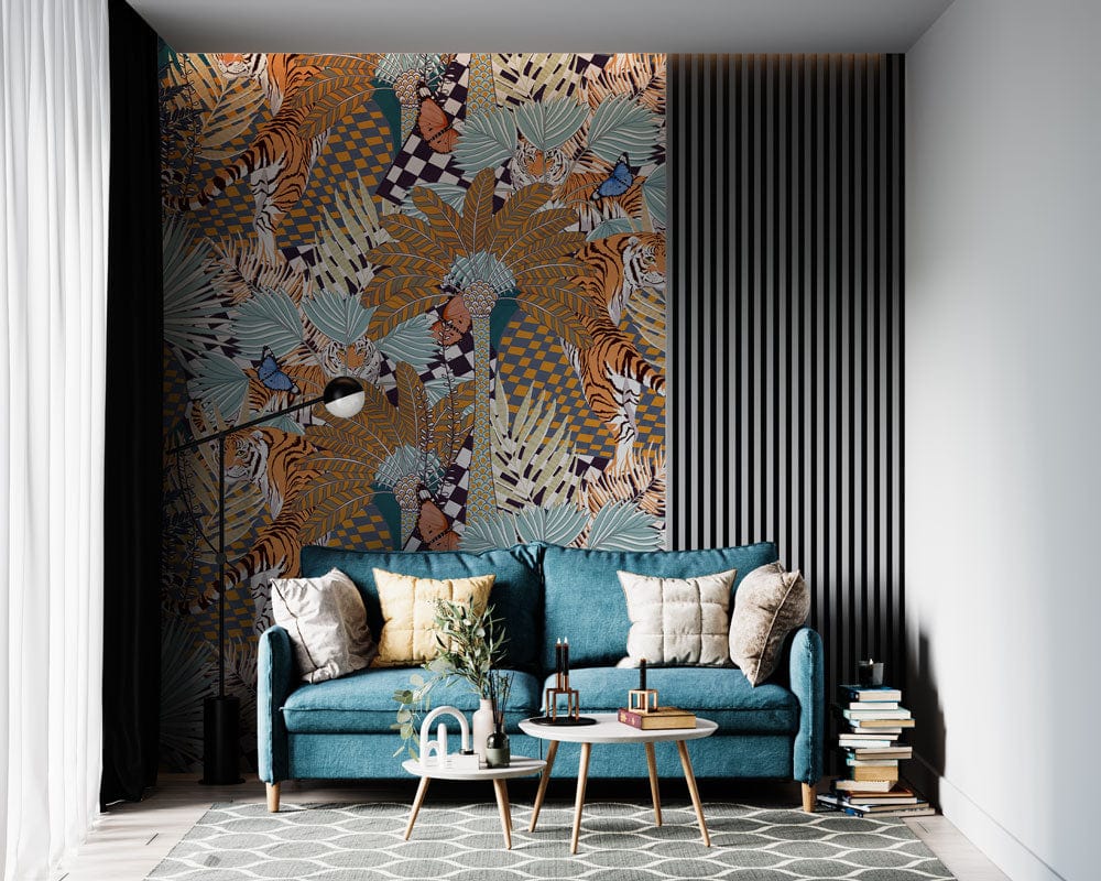 Decorate your living room with this brown wallpaper mural with an abstract tiger jungle scene.