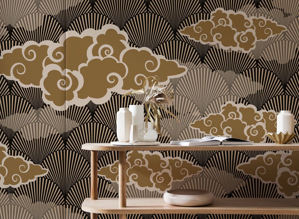 Wallpaper mural featuring brown clouds with gold stars for use in decorating the hallway.