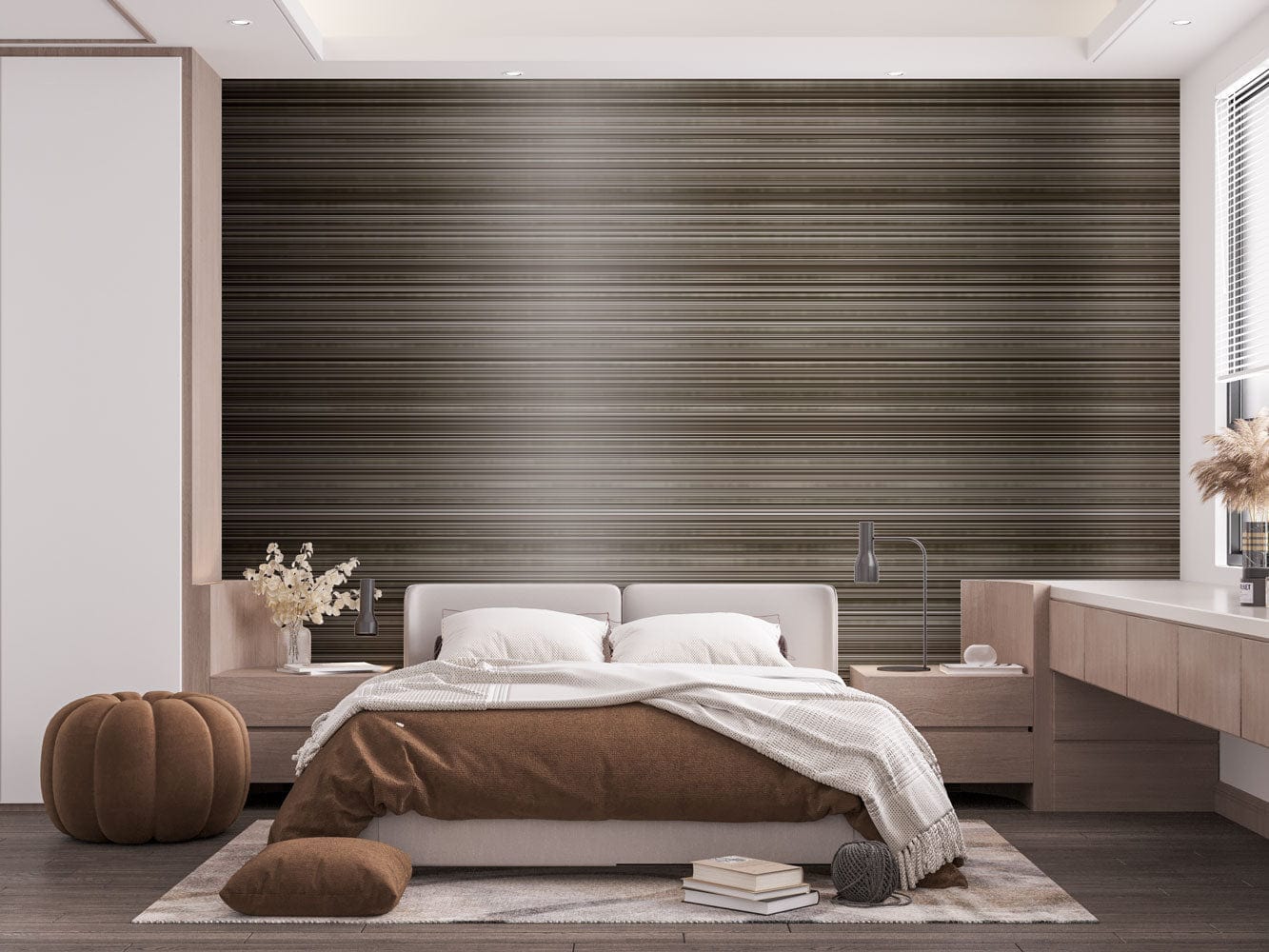 Wallpaper mural in brown with brushed metals for use in decorating bedrooms