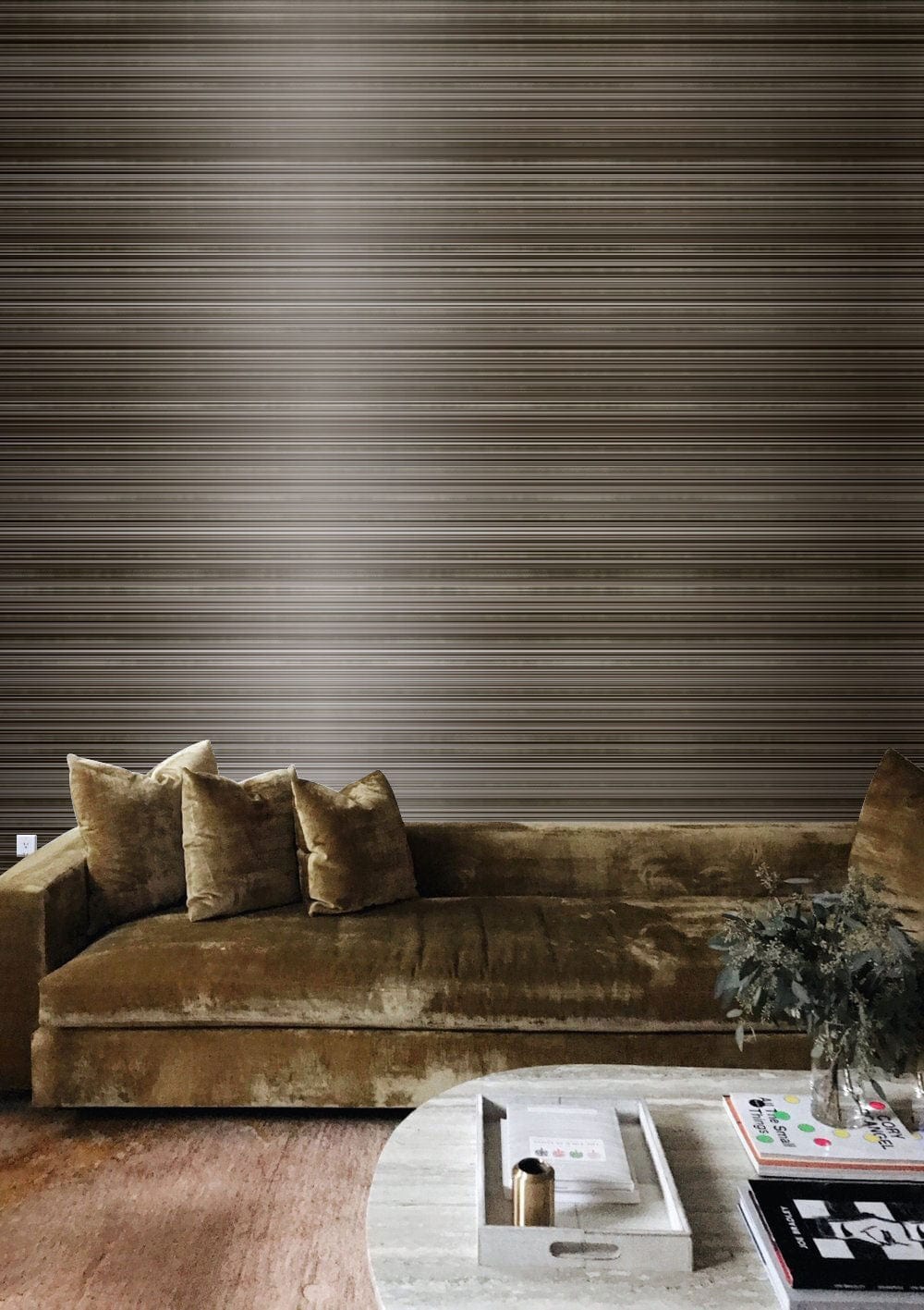 Decorative Wallpaper Mural in Brown with Brushed Metals for the Living Room