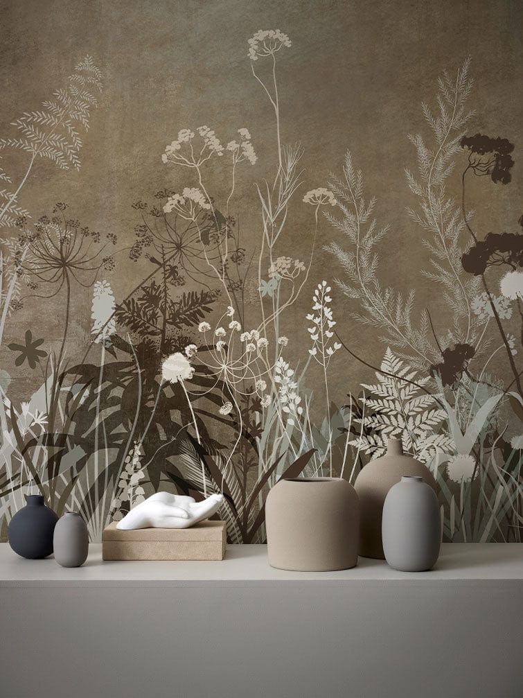 Wallcovering or Mural with a Brown Bush Silhouette for Bathroom Decoration