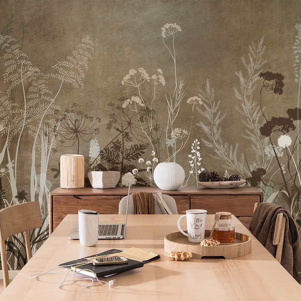 Wallpaper mural with a silhouette of brown bushes for the dining room's decor