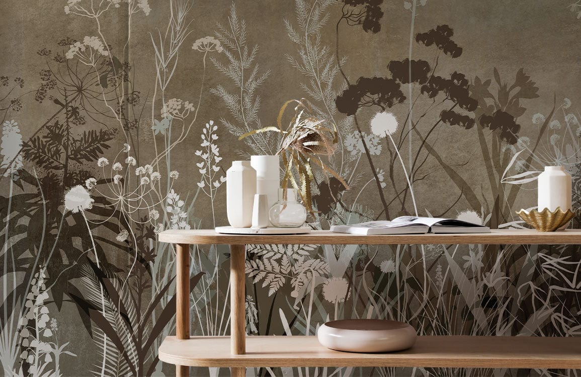 Wallcovering Mural with a Brown Bush Silhouette for the Hallway Decor