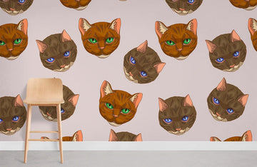 Whimsical Cat Face Pattern Mural Wallpaper