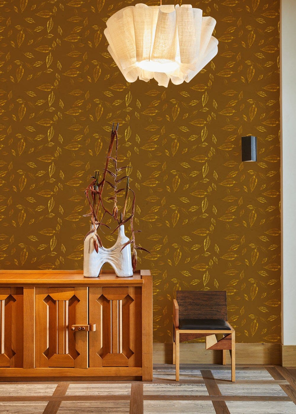 Wallpaper with Golden Leaves on a Brown Background for the Living Room