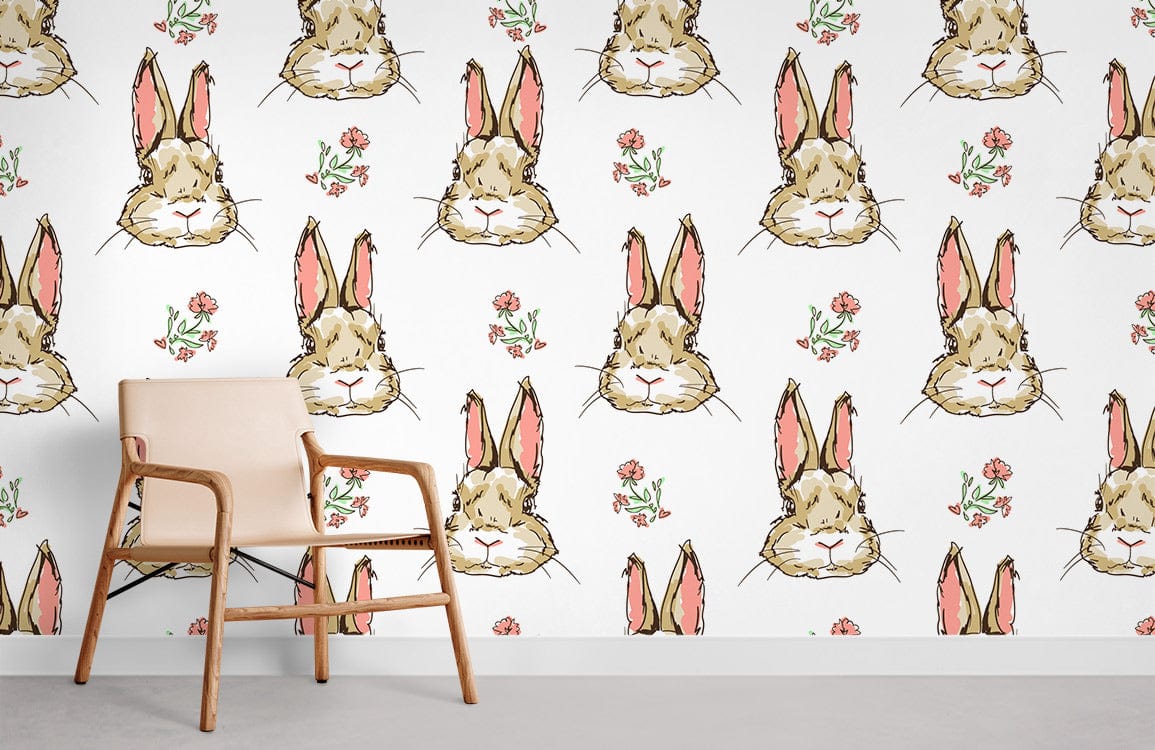 Whimsical Rabbit Floral Pattern Mural Wallpaper | Ever Wallpaper ...