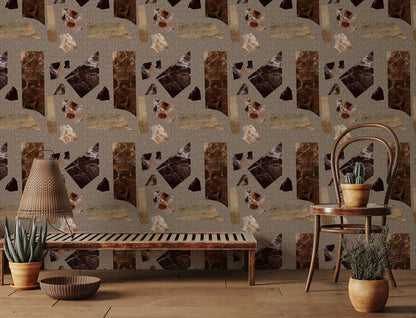 Marble Wallpaper Mural with Terrazzo Pieces in Brown for the Hallway Decoration