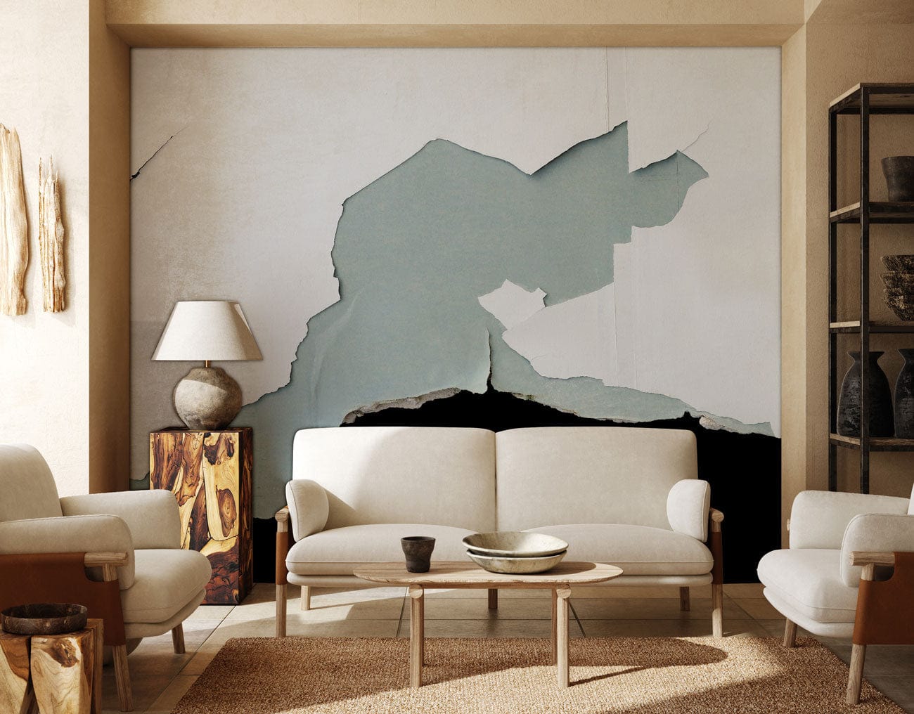 Wallpaper mural with a buckled wall skin design for use in decorating the living room.