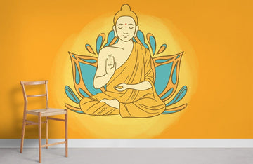 Serene Buddha Illustration Orange Mural Wallpaper