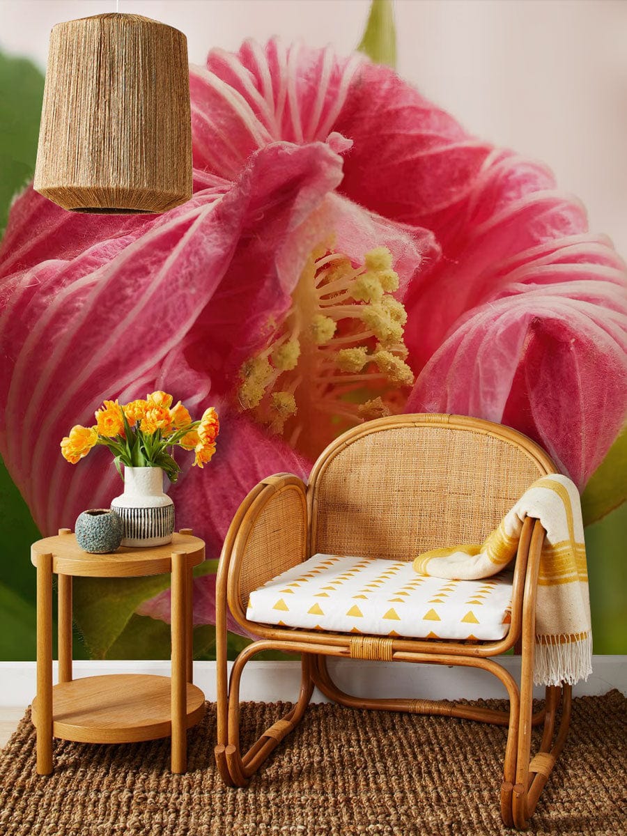 Hallway Decoration Featuring a Wallpaper Mural of a Flowering Hibiscus