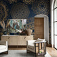 Wallpaper with an unusual golden pattern on a dark backdrop for the living room of a bespoke home