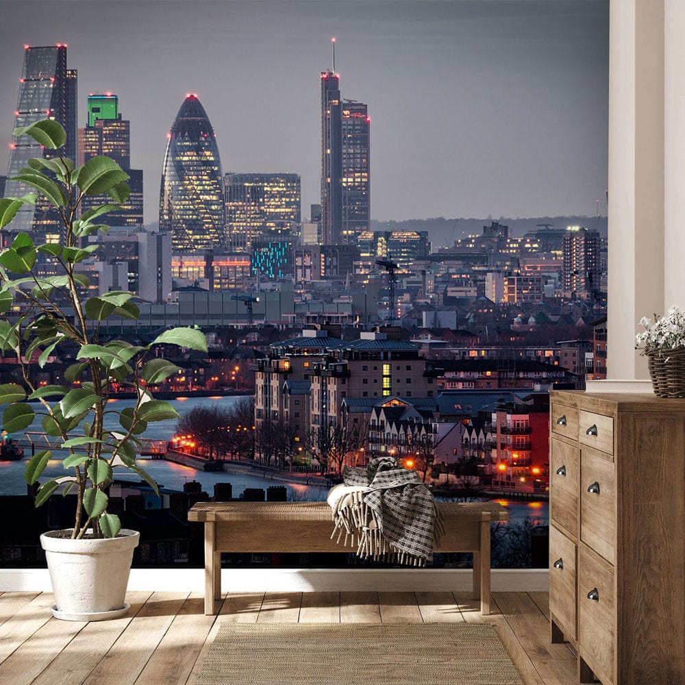 Wallpaper mural depicting a busy London center scene, ideal for use as a hallway decoration