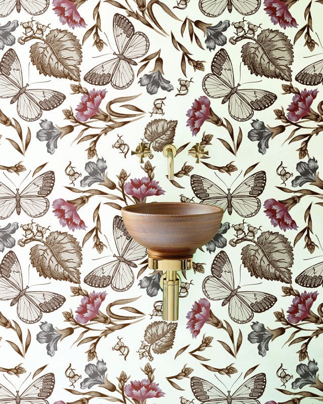 Wallpaper mural featuring butterflies and flowers, perfect for use as bathroom decor.