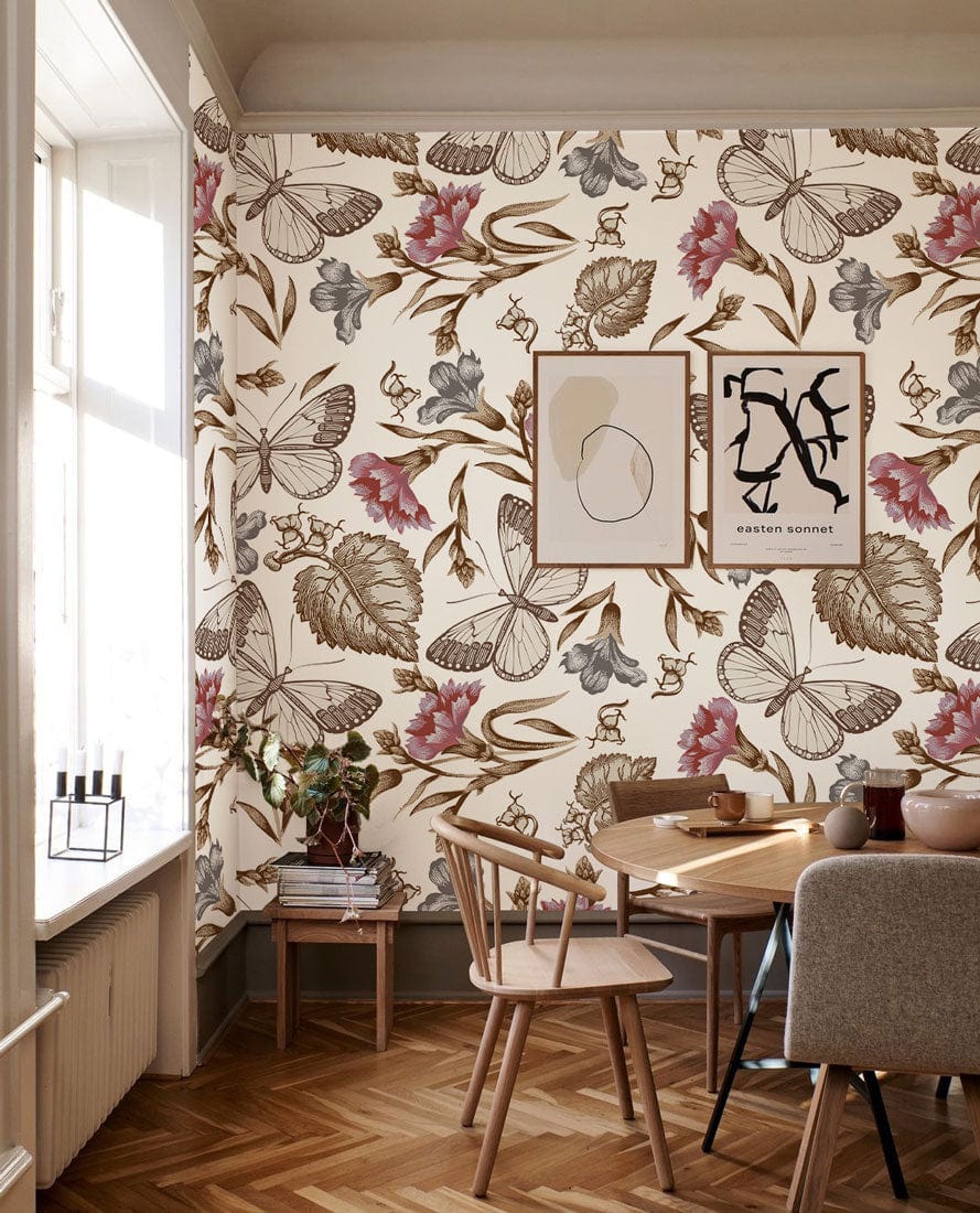 Wallpaper mural featuring butterflies and flowers, perfect for decorating the dining room.