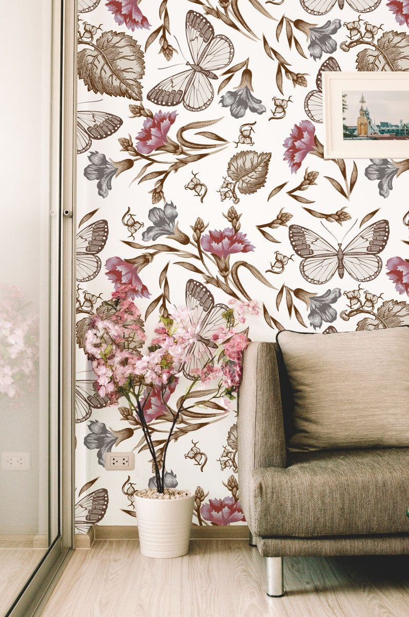 Wallpaper Mural for Living Room Decoration Featuring Butterflies and Flowers