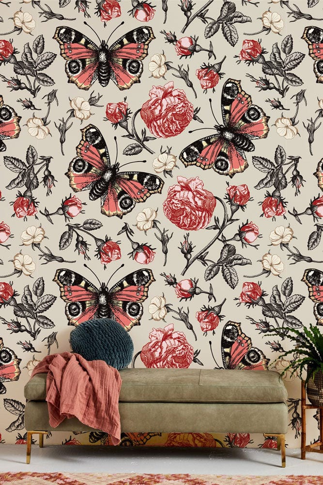 Wallpaper mural for the hallway with a design featuring butterflies and pods.