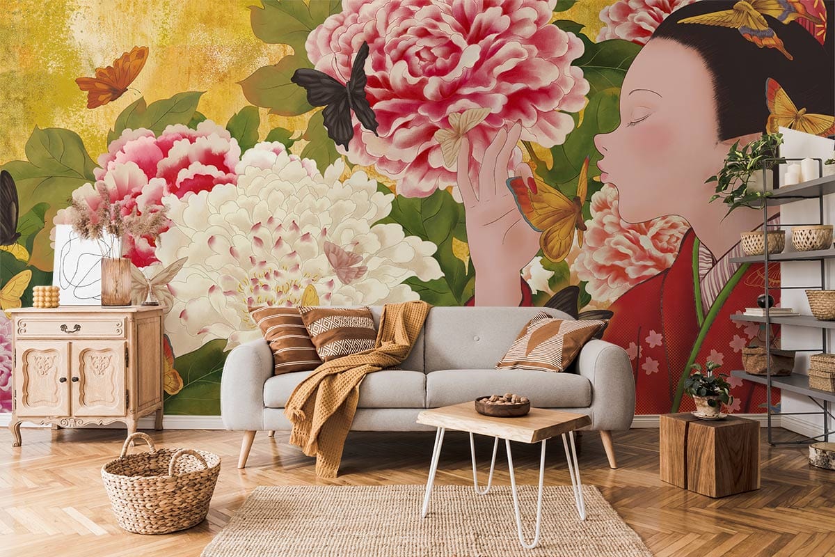 Elegant Japanese Peony Butterfly Mural Wallpaper in living room