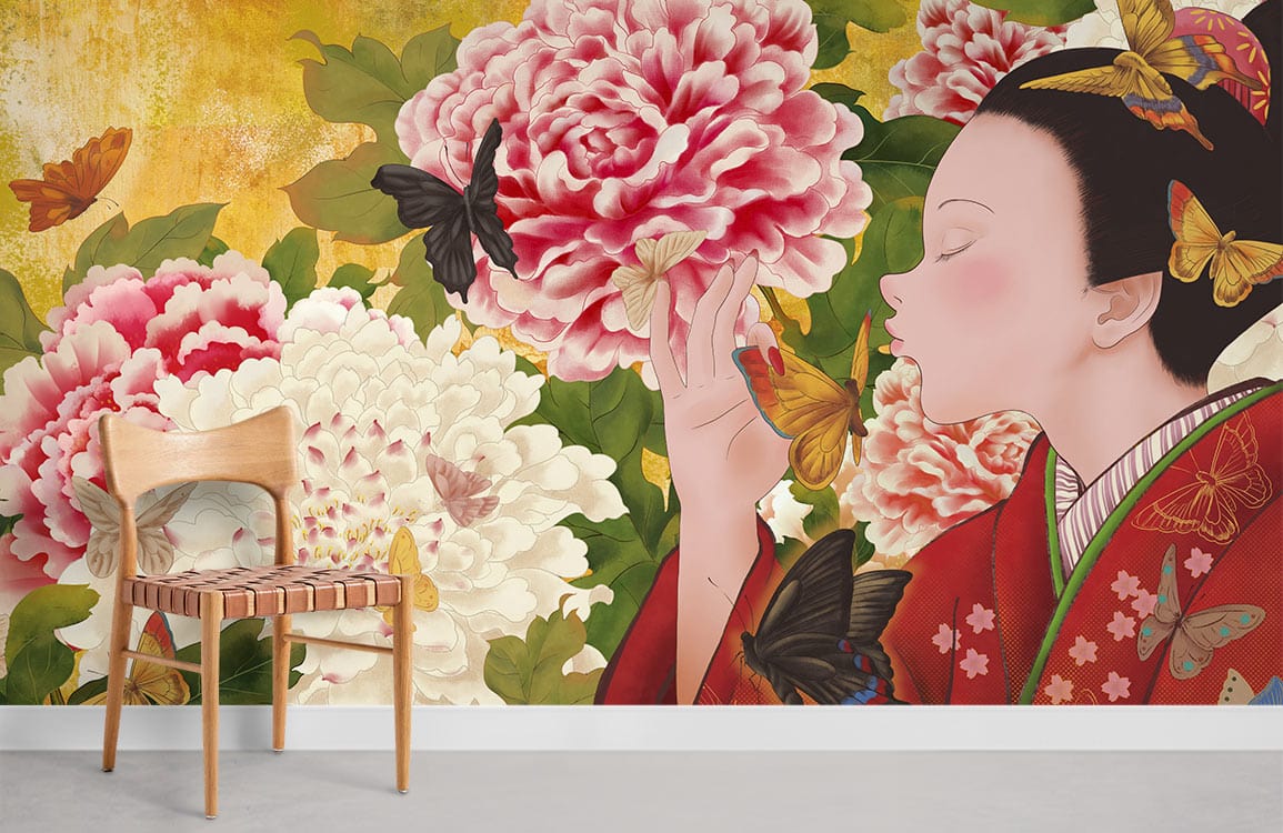 Papier peint mural élégant avec des papillons et des pivoines japonaises