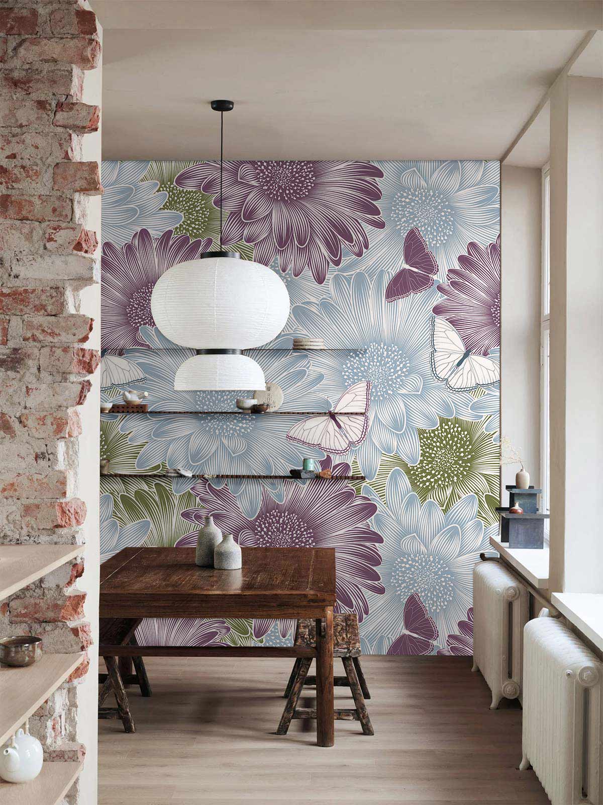 Design of retro wallpaper with a daisy blossom in green, blue, and purple as well as a white butterfly