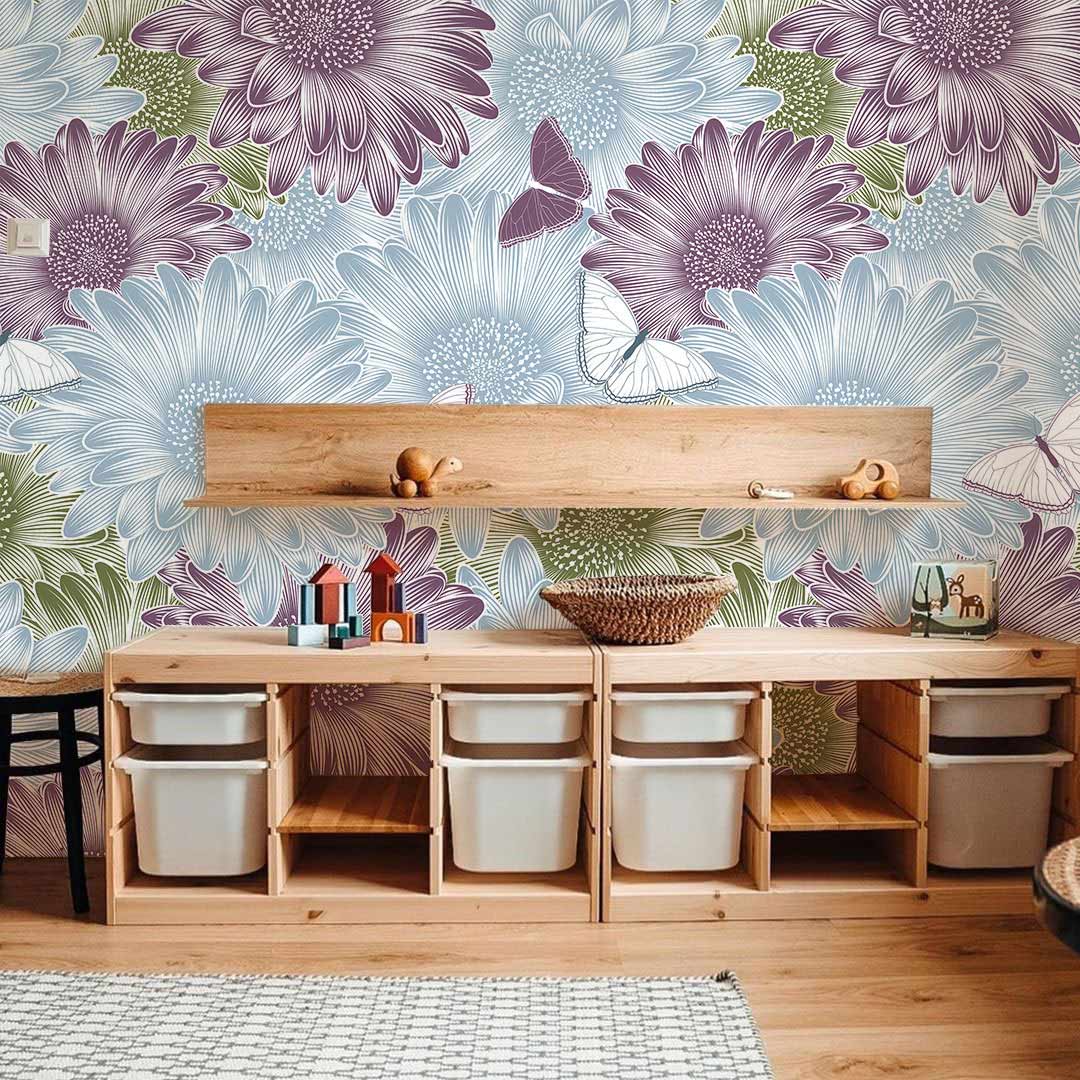 flower wallpaper in a purple and blue color scheme