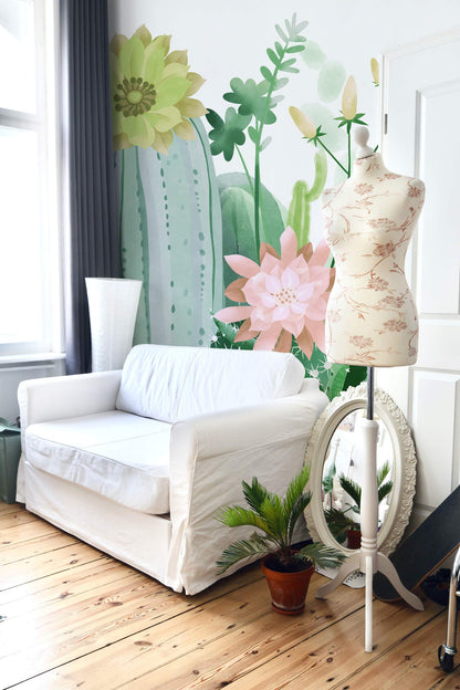 Botanical Watercolor Cactus Floral Mural Wallpaper