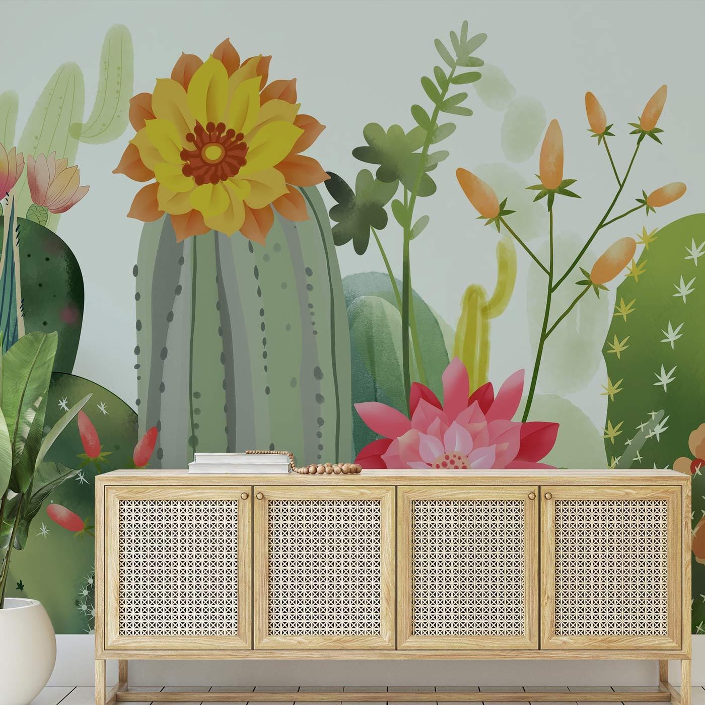 Botanical Cactus Floral Mural Wallpaper