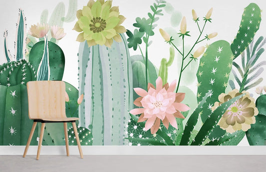 Papier Peint Panoramique Aquarelle Cactus et Fleurs