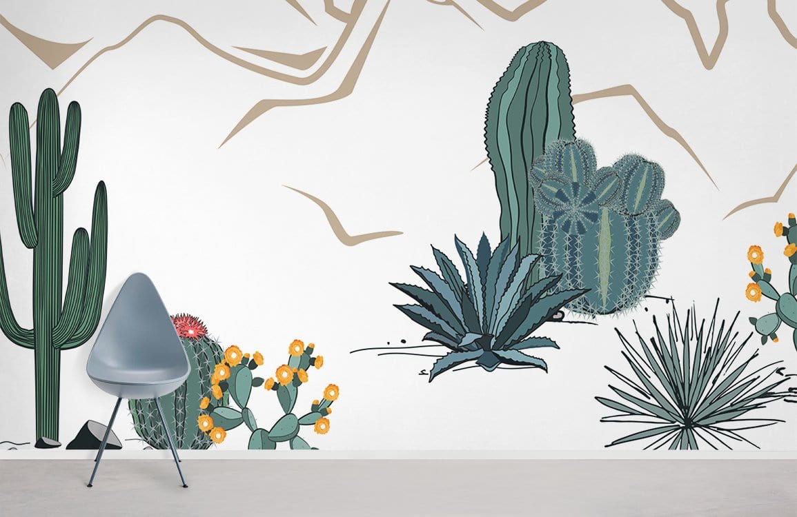 Wallpaper mural with a Cactus Mountain Scene for Use as Home Decoration