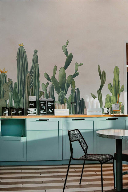 Desert Cactus Botanical Mural Wallpaper in dining area