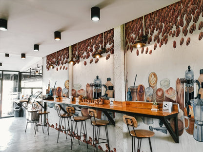 Rustic Coffee Themed Kitchen Mural Wallpaper in restaurant setting