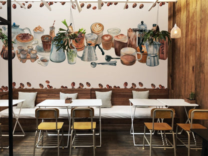 Rustic Coffee Themed Kitchen Mural Wallpaper in restaurant setting