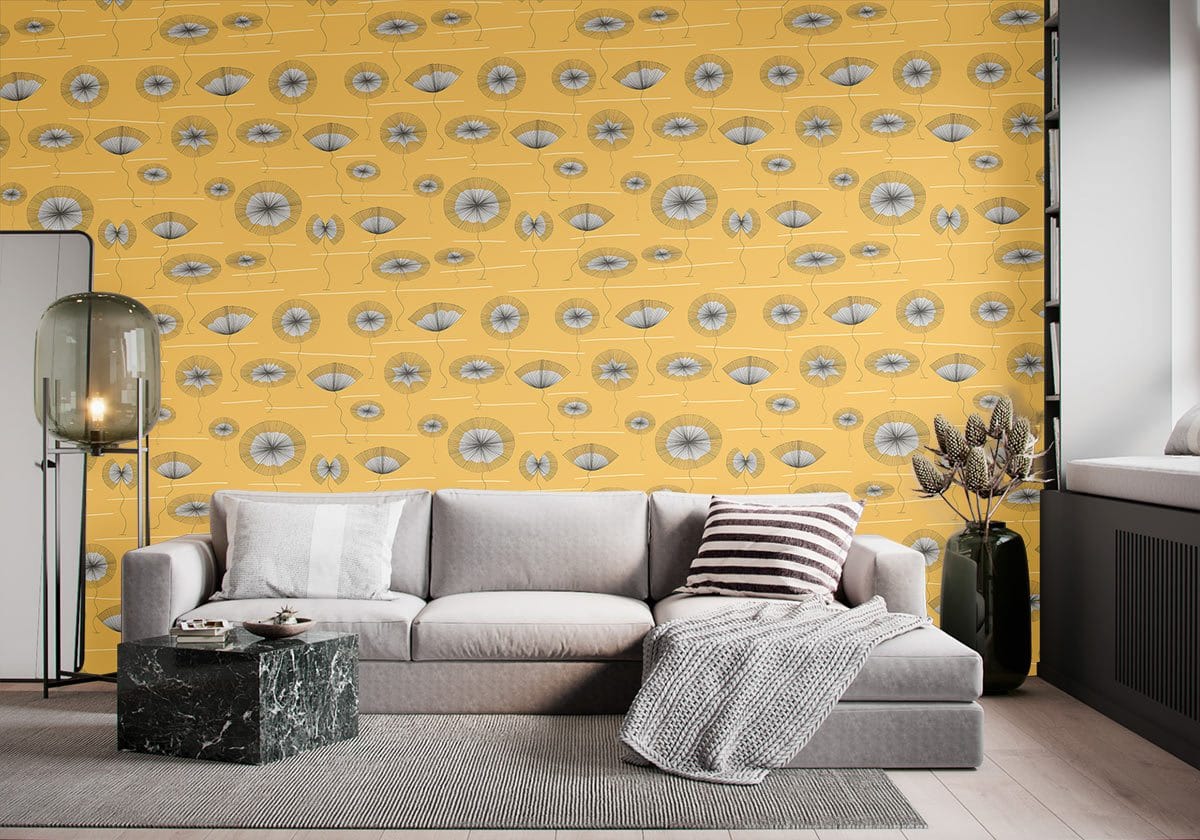 Retro Dandelion Geometric Yellow Mural Wallpaper in living room