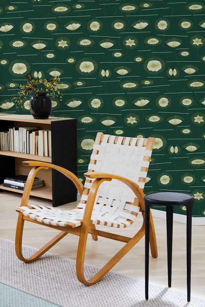 Botanical Lily Pads Green Mural Wallpaper in living room