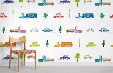 Carta da parati murale per la cameretta dei bambini con veicoli colorati