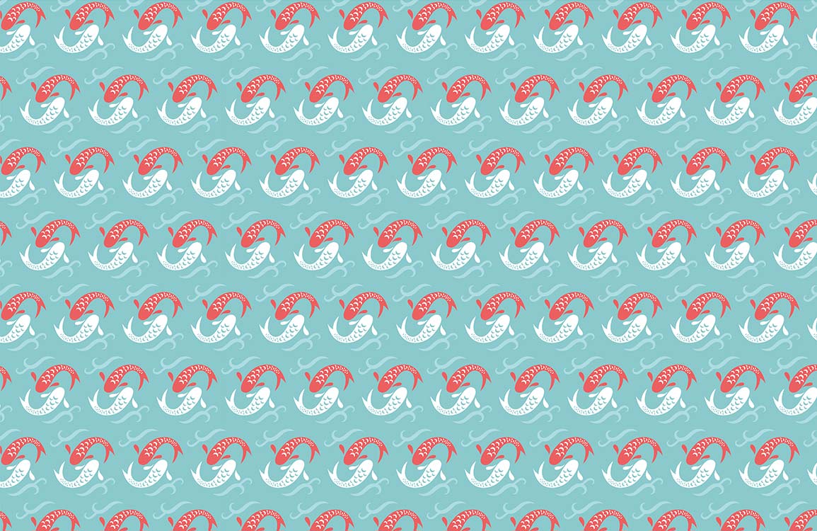 Red Fish Pattern Teal Mural Wallpaper