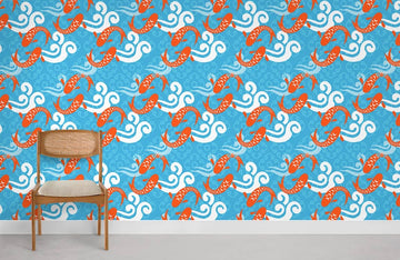 Blue Oceanic Koi Fish Mural Wallpaper