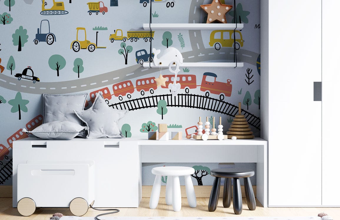 Children's Room Mural Wallpaper Featuring a Cartoon Scene of Bustling Traffic