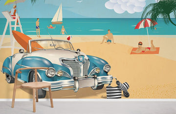 Vintage Beach Scene Illustration Mural Wallpaper