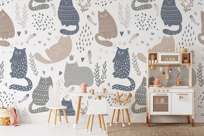 Whimsical Cat Pattern Nursery Mural Wallpaper in playroom