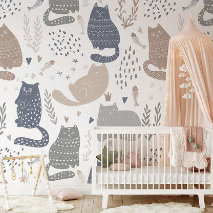 Whimsical Cat Pattern Nursery Mural Wallpaper in nursery