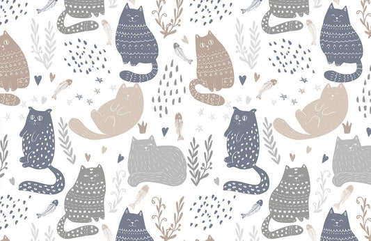 Whimsical Cat Pattern Nursery Mural Wallpaper