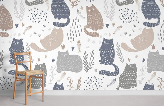 Whimsical Cat Pattern Nursery Mural Wallpaper