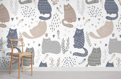 Whimsical Cat Pattern Nursery Mural Wallpaper