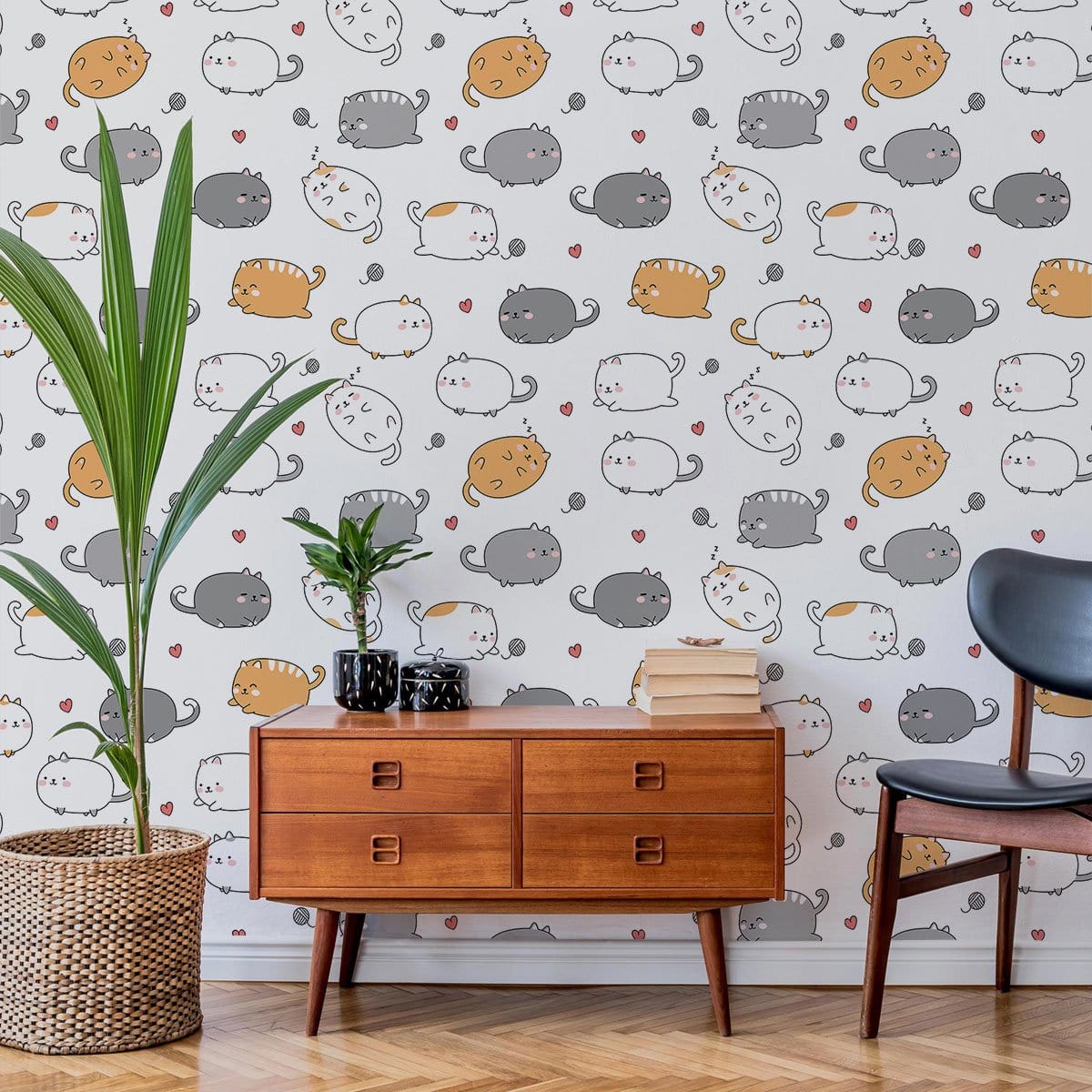 Playful Cat Pattern Children's Mural Wallpaper in living area