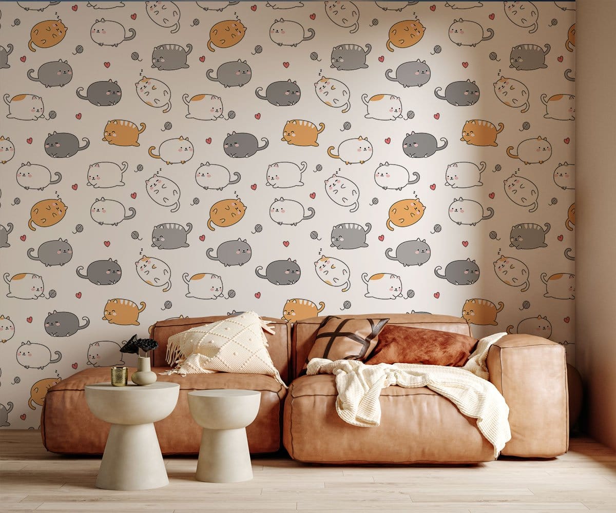 Playful Cat Pattern Children's Mural Wallpaper in living room